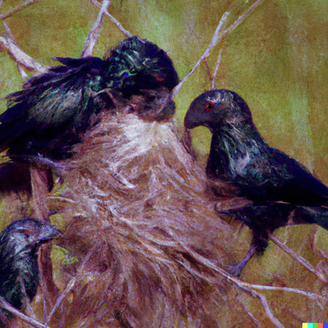 three groove-billed ani building a nest in the savannah, oil painting